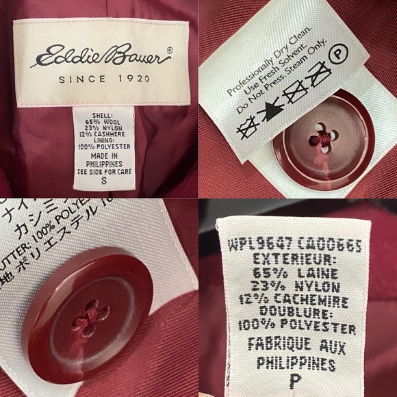 Vintage EDDIE BAUER Wine Burgundy Red Wool/Cashmere Blend Trench Peacoat Size S - Picture 16 of 16